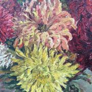 Table, the bouquet of Dahlias, on wood, framed
