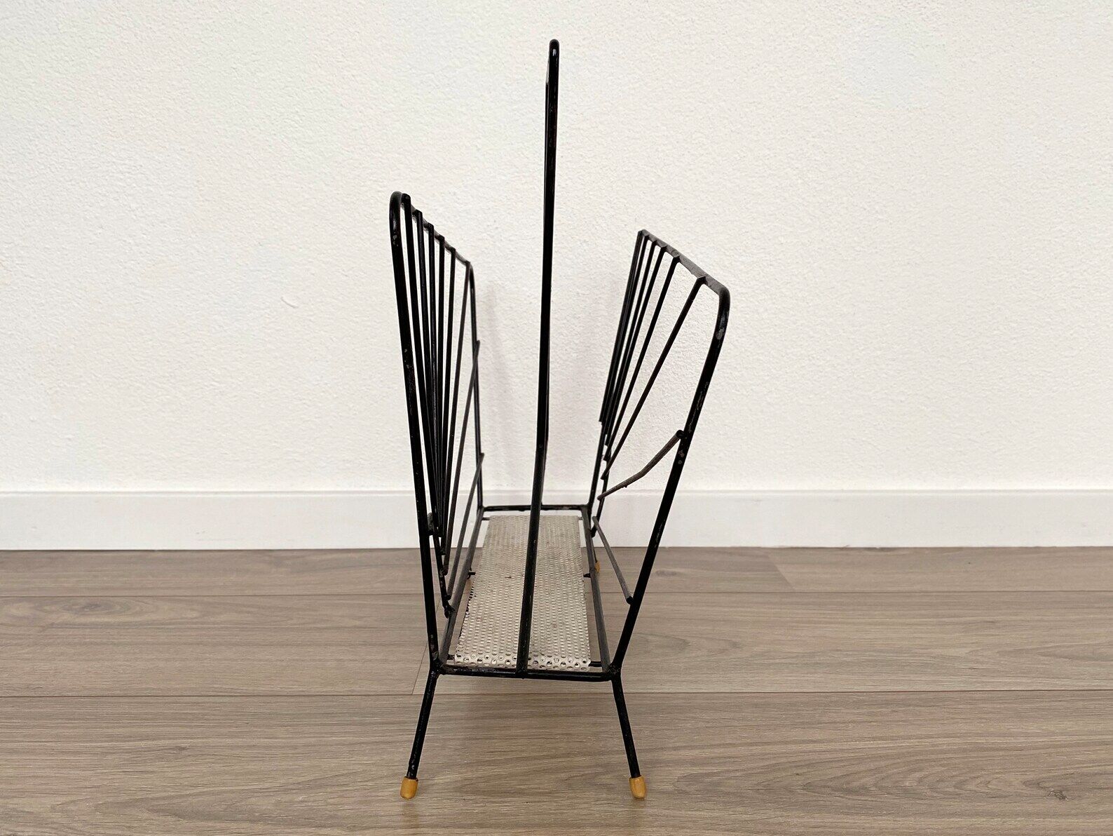 Mid century magazine rack - wire metal & perforated metal, vintage newspaper stand