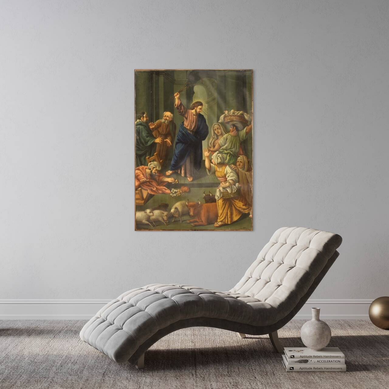 Peinture italienne à l'huile sur cuivre "Expulsion des marchands du temple"
