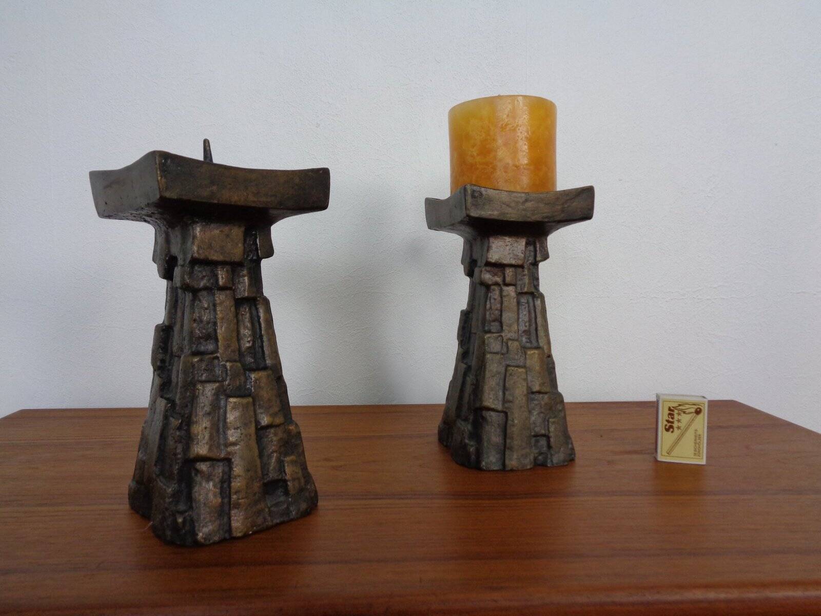 Large Brutalist German Bronze Candleholders, 1960s, Set of 2
