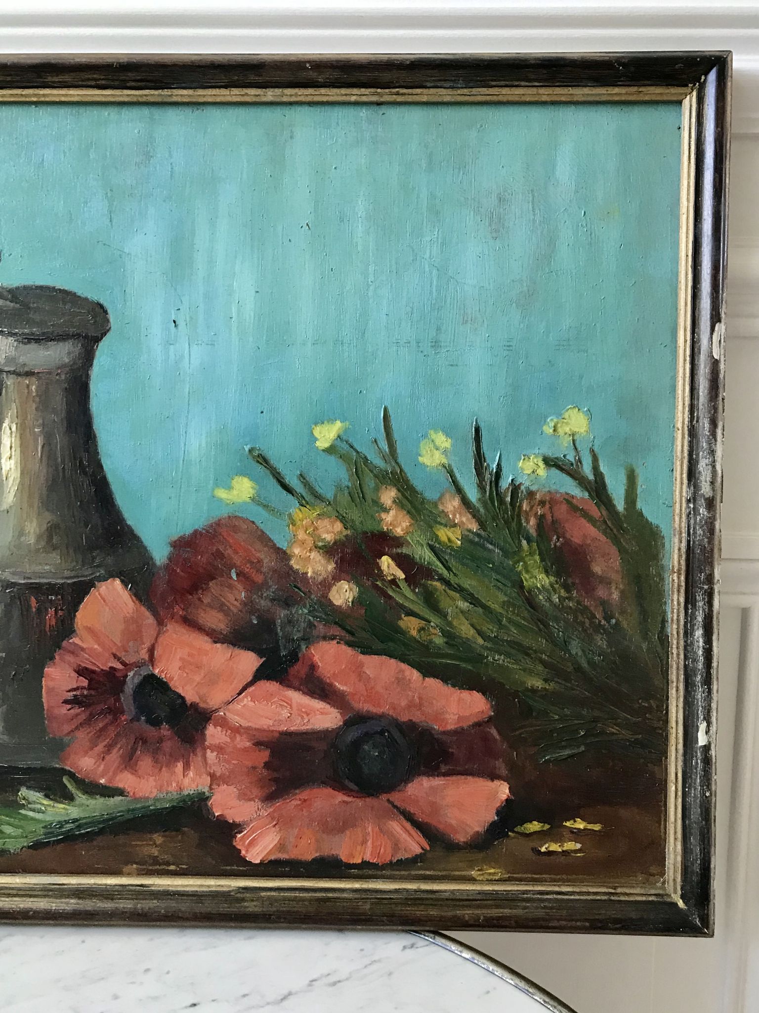 Old painting signed still life pitcher and poppies on vintage azure background