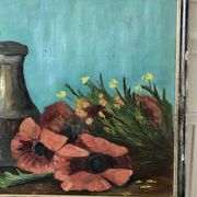 Old painting signed still life pitcher and poppies on vintage azure background