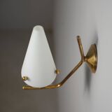 Pair of 1950s Italian Brass Sconces with Conical Opaline Glass Shades