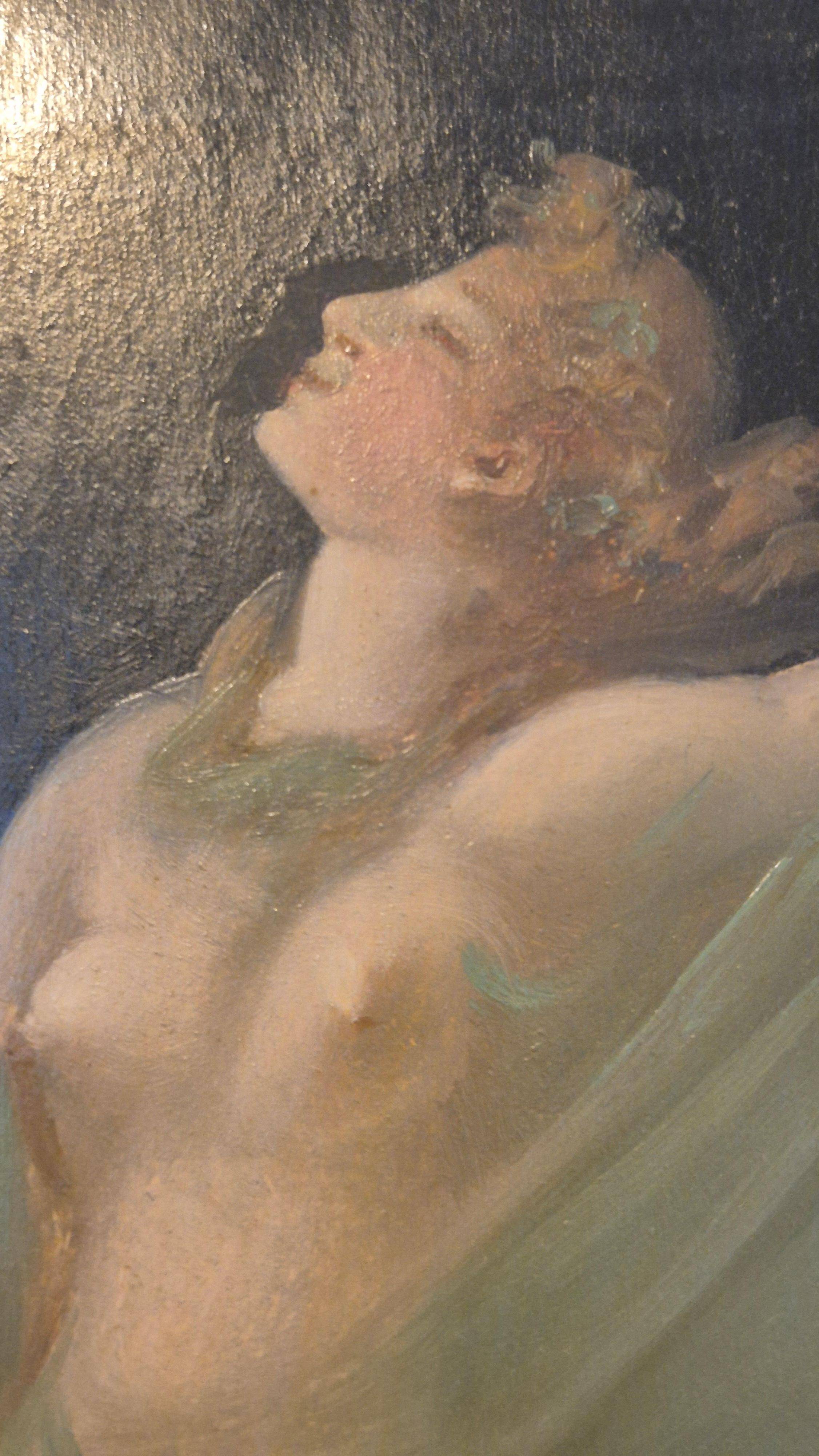 Pair of oil paintings in the neoclassical style depicting dancing nymphs dressed in transparent gowns, dating from the mid-19th century.