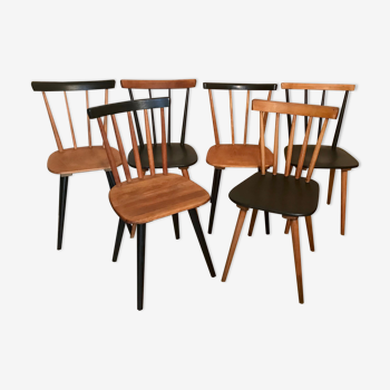 Set of 6 mismatched vintage chairs with bars and compass legs