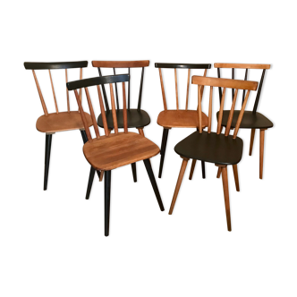 Set of 6 mismatched vintage chairs with bars and compass legs