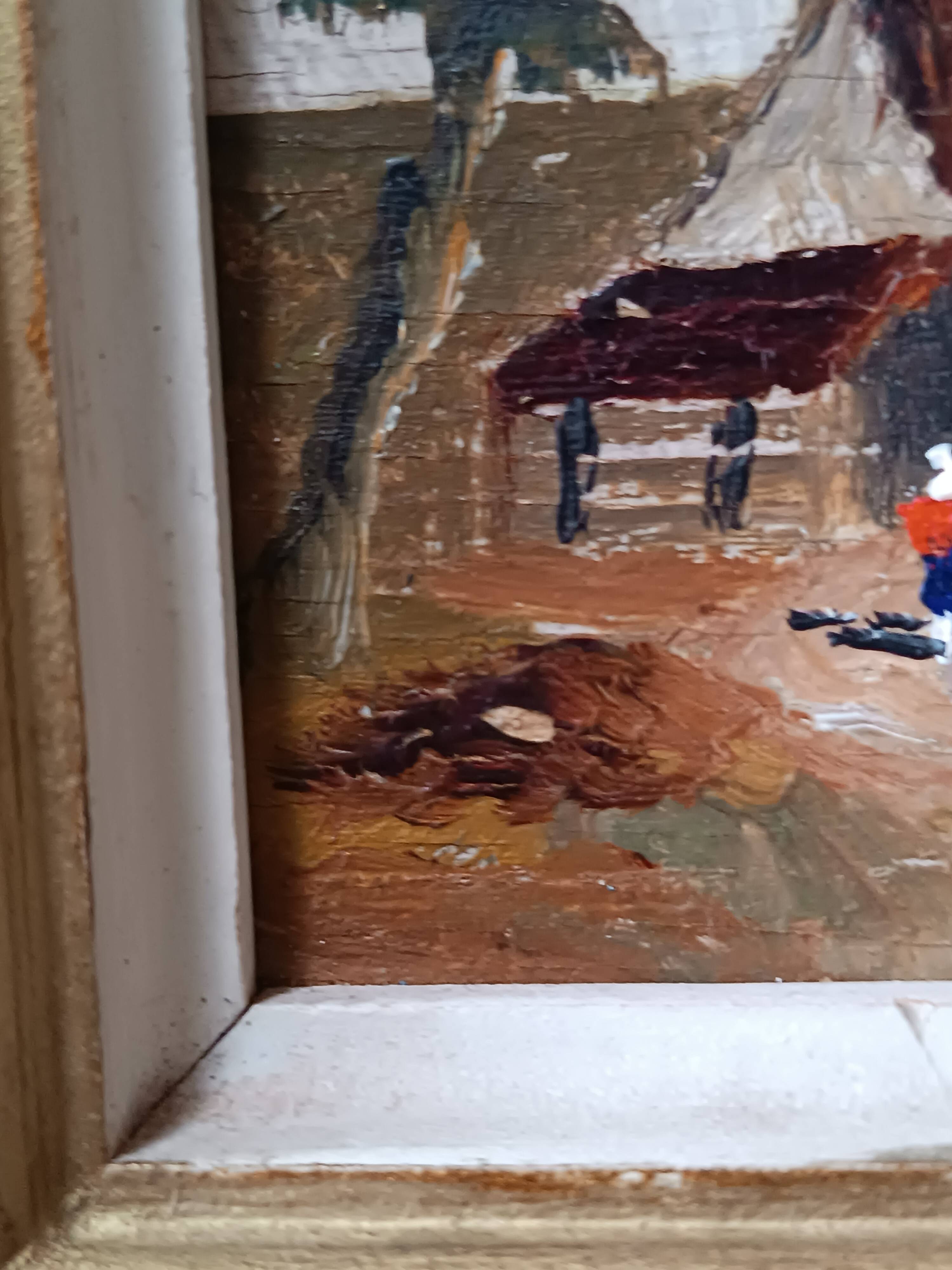 Framed oil on panel of an old countryside landscape.