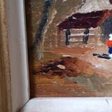 Framed oil on panel of an old countryside landscape.