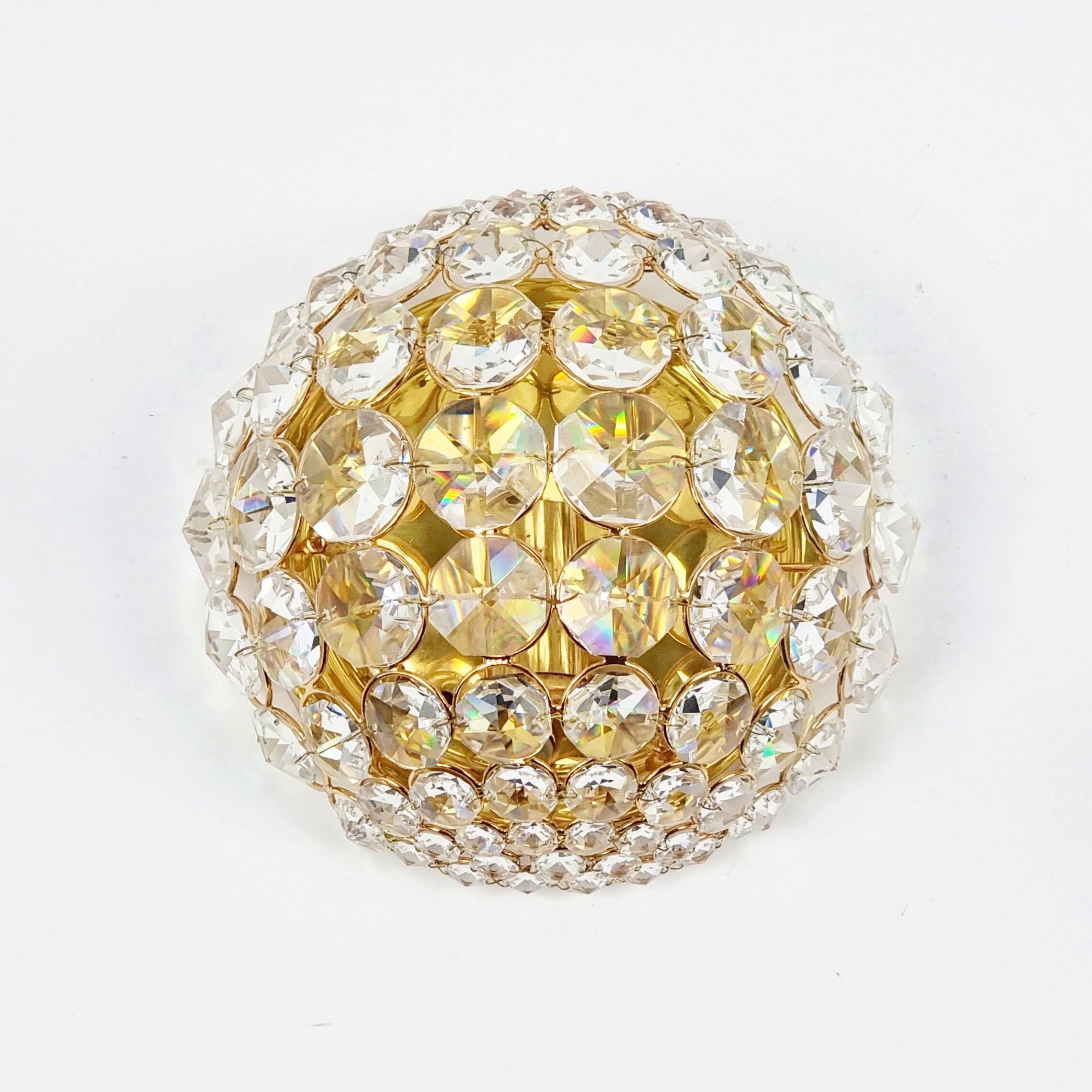 Crystal & gilt brass flush mount from palwa, germany, 1970s