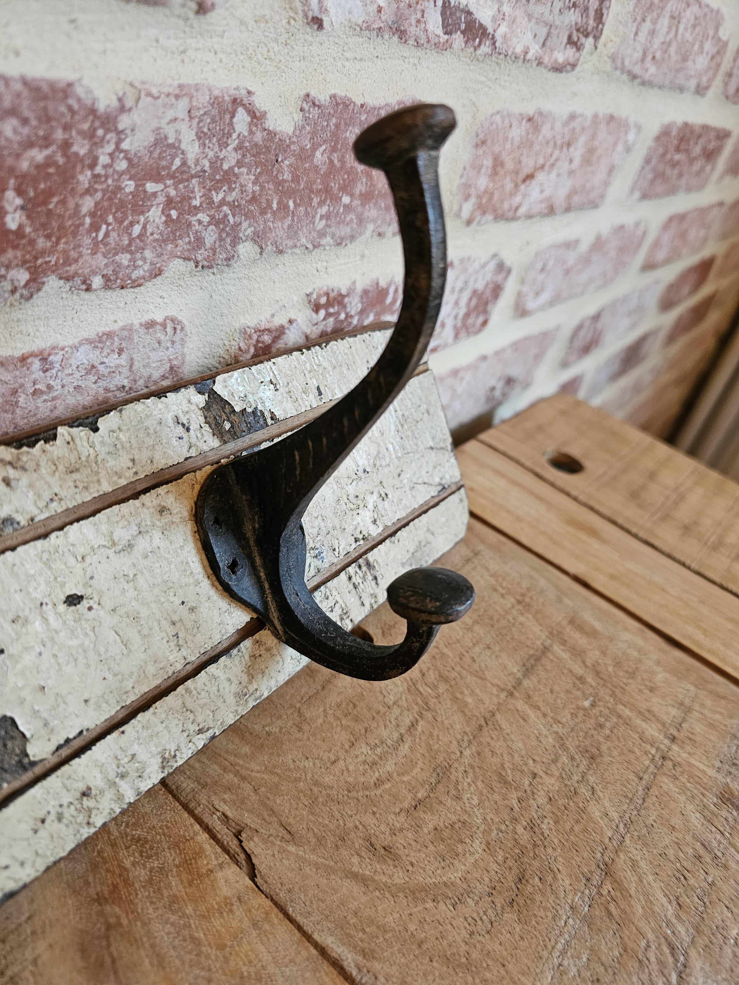Solid teak coat hook with 4 double cast iron hooks