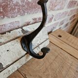 Solid teak coat hook with 4 double cast iron hooks