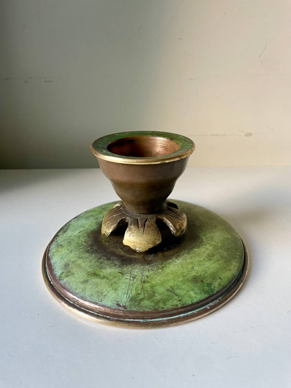 Scandinavian ART DECO candle holder in Bronze with verdigris patina