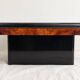 Table basse vintage en loupe d’orme et noyer, laque noire – années 70