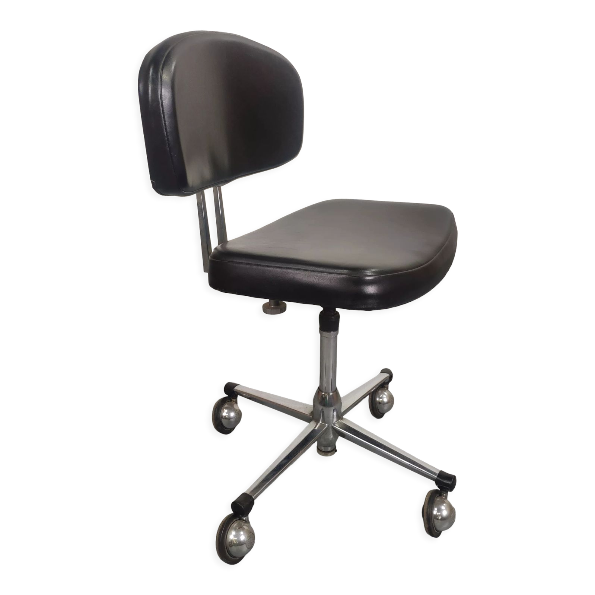 Chaise de bureau industrielle vintage à roulette skaï noir et chrome