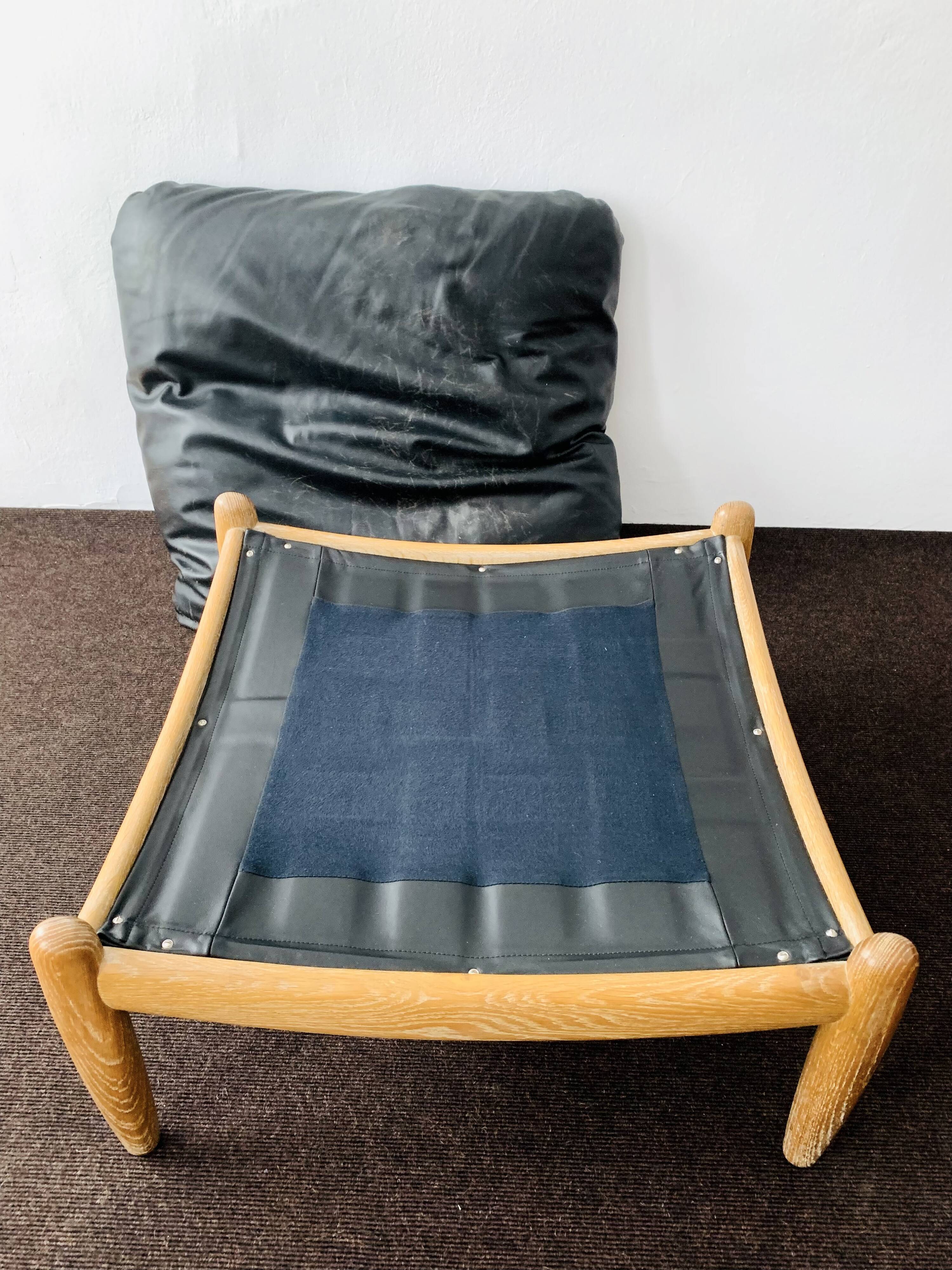 Danish Oak and Leather Lounge Chair with Ottoman