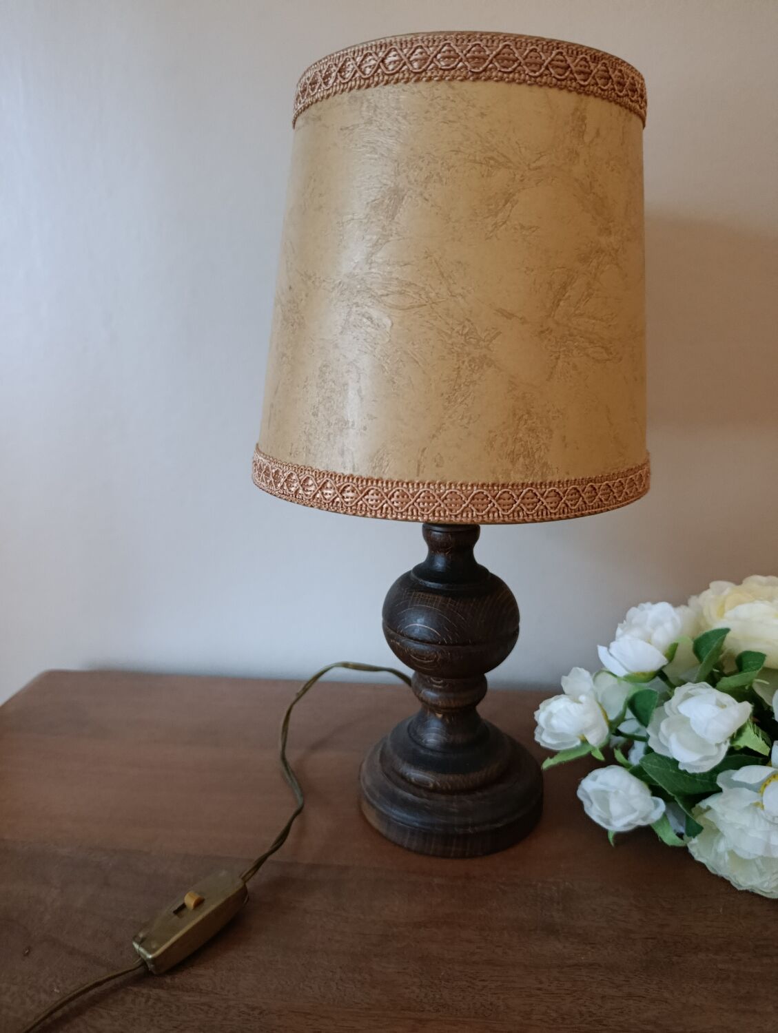 rustic chic turned wooden bedside lamp, leather shade