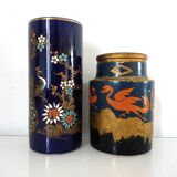Two small vases, one with dragons and one scroll with peacock