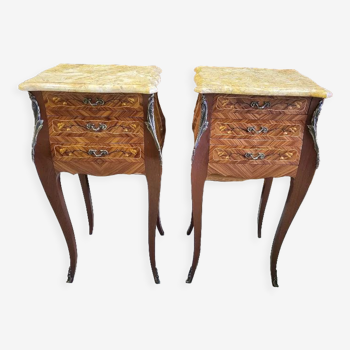 Pair of bedside tables in rosewood marble top with 3 drawers