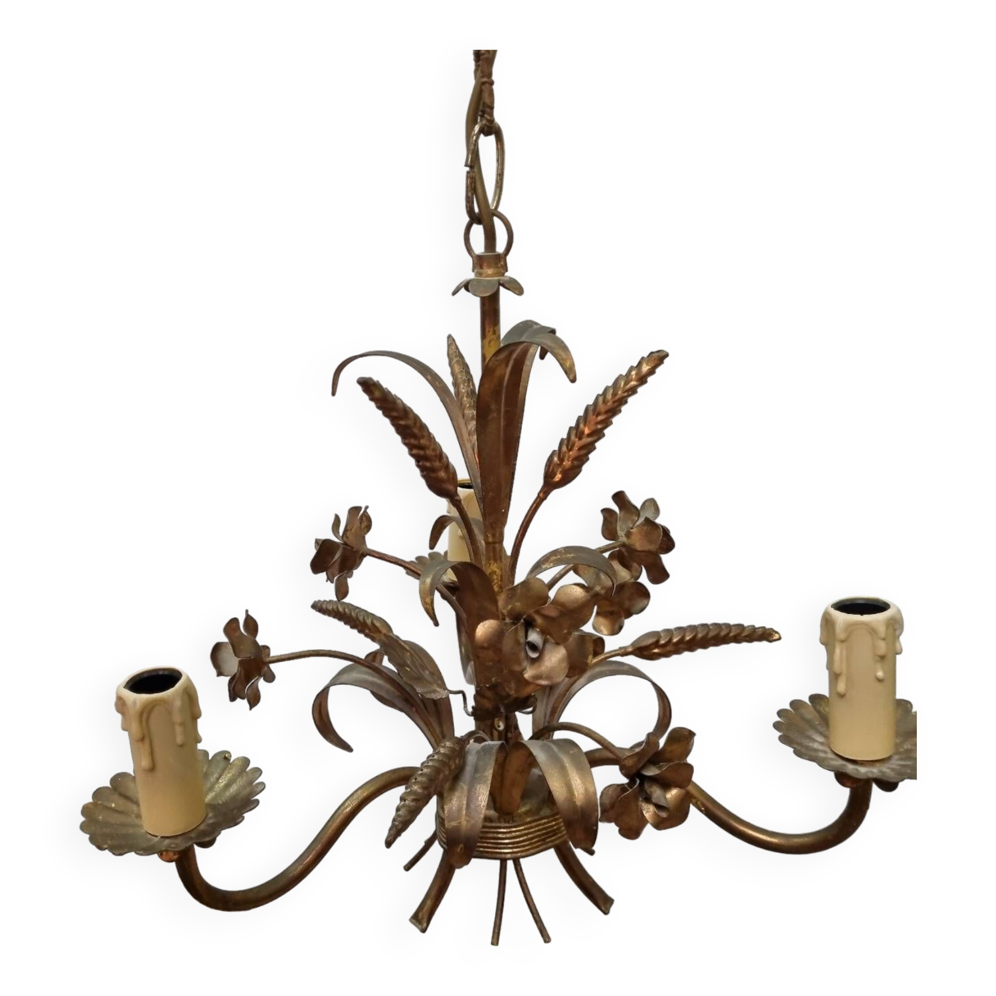 Gilded iron ears of wheat chandelier from 1970, Italy