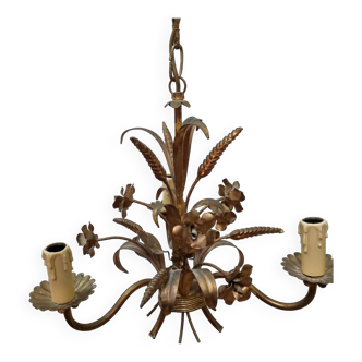 Gilded iron ears of wheat chandelier from 1970, Italy