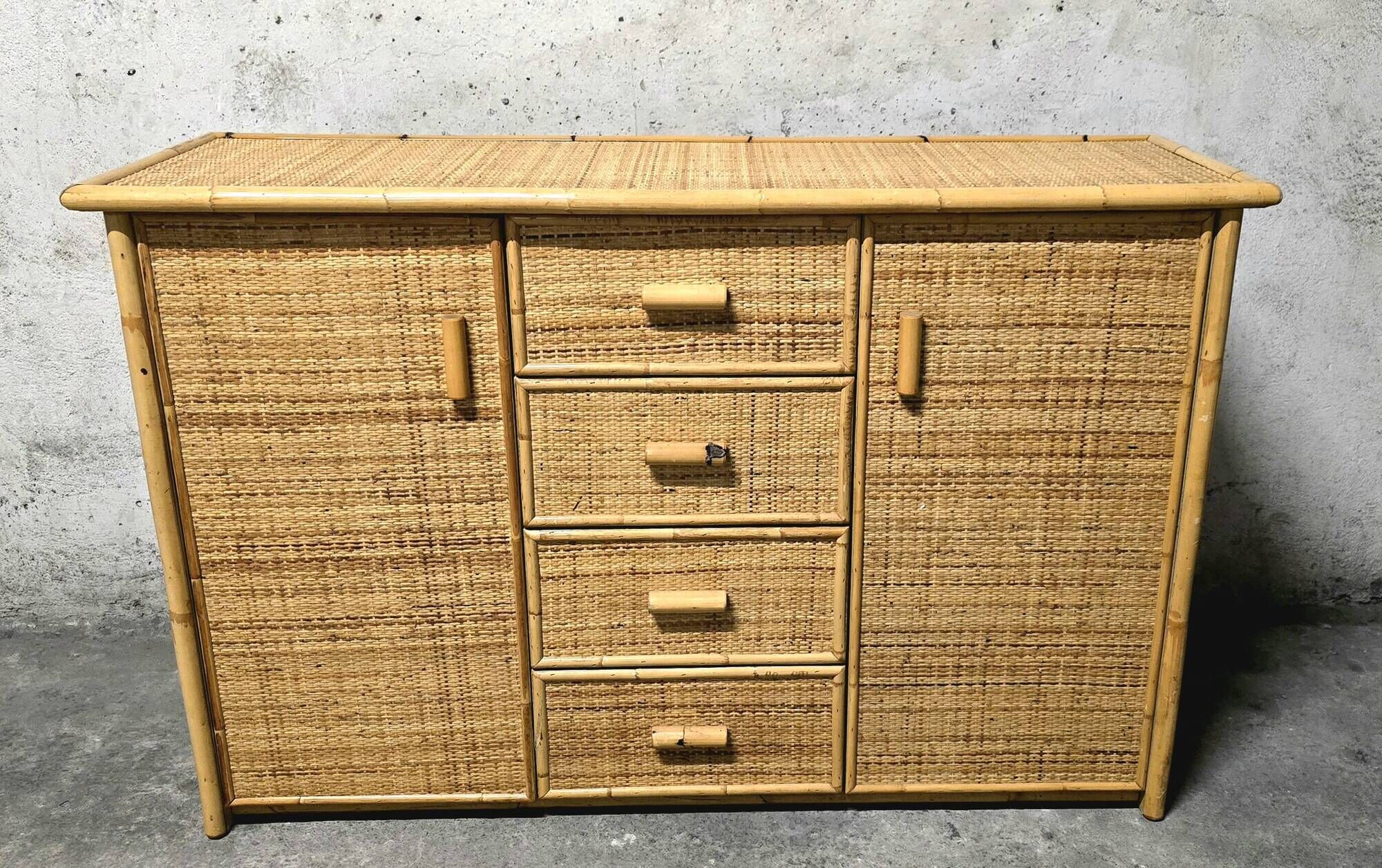 Vintage woven rattan and natural bamboo sideboard - Italy 1970s