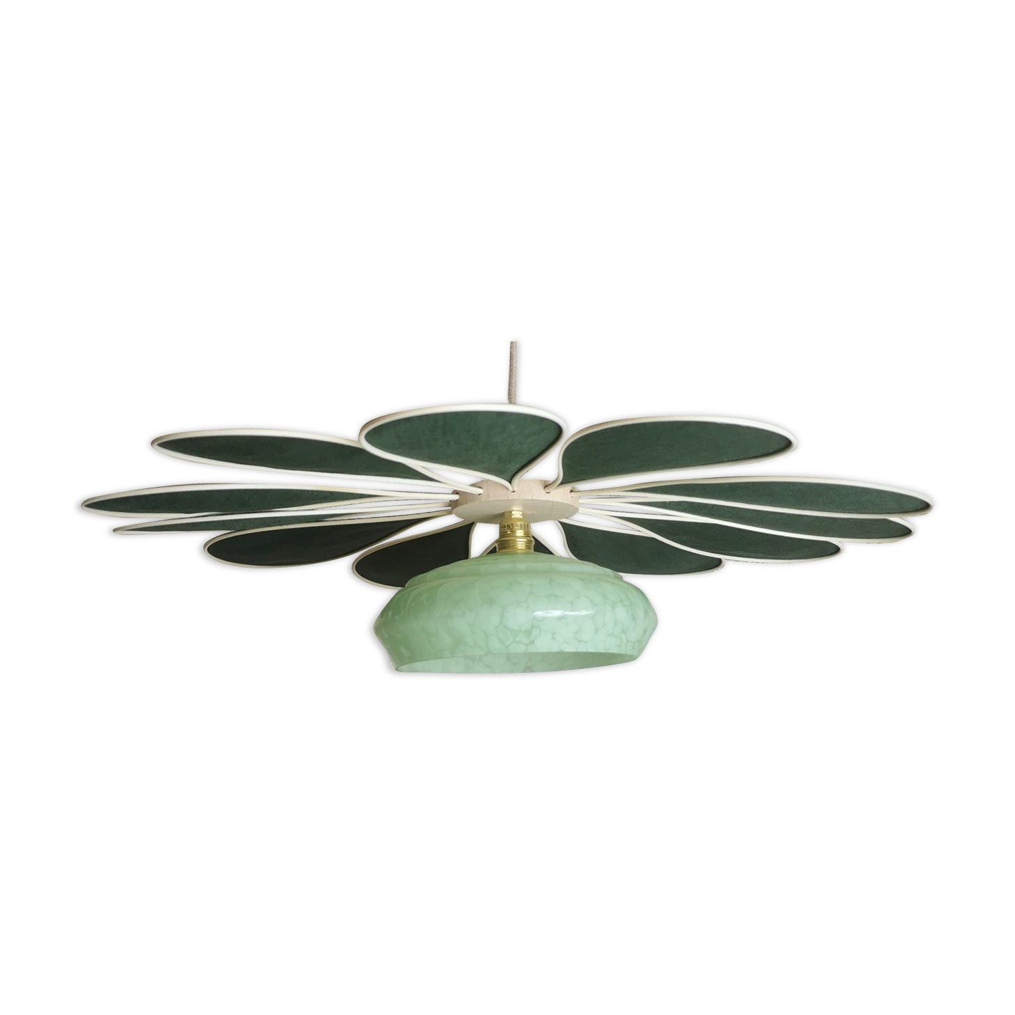 Suspension glass globe and petals in linen and rattan