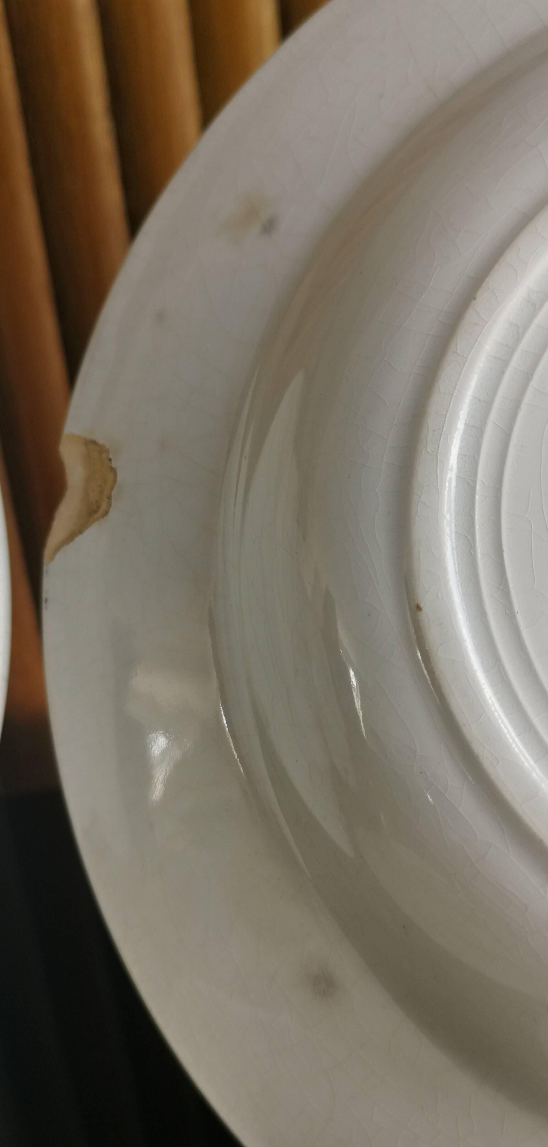 6 old mismatched deep plates Terre de Fer, glass and blue colors