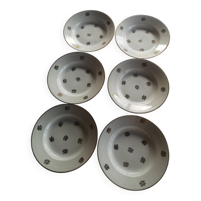 6 assiettes creuses en porcelaine française – décor floral doré