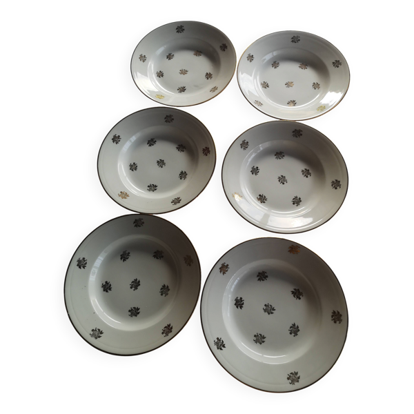 6 assiettes creuses en porcelaine française – décor floral doré