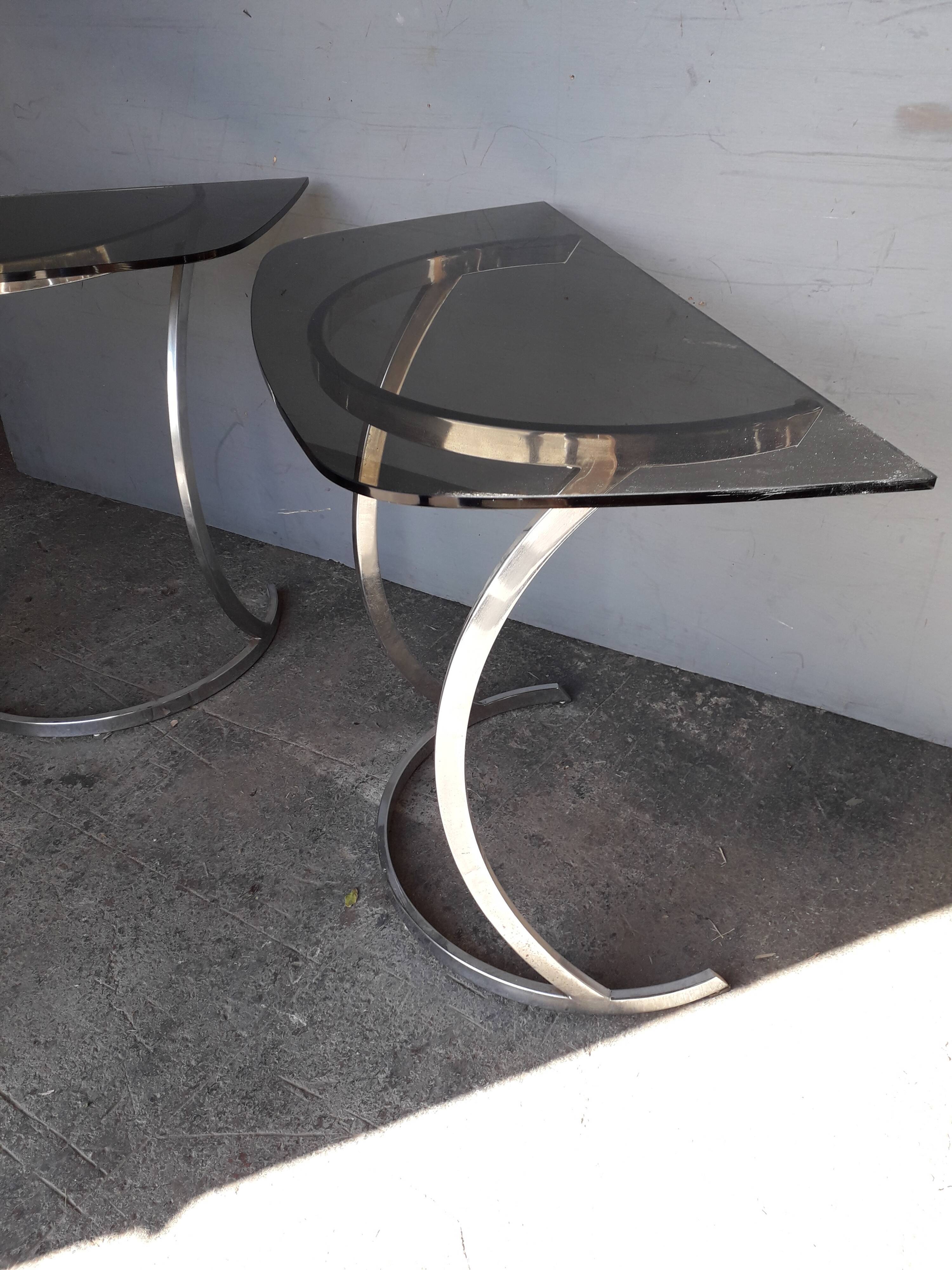 Paire de console demi lune chrome et verre ep 1970