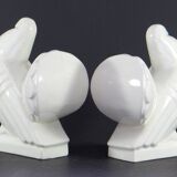 Manufacture de saint-clément, années 1930, paire de serre-livres figurant des pigeons.