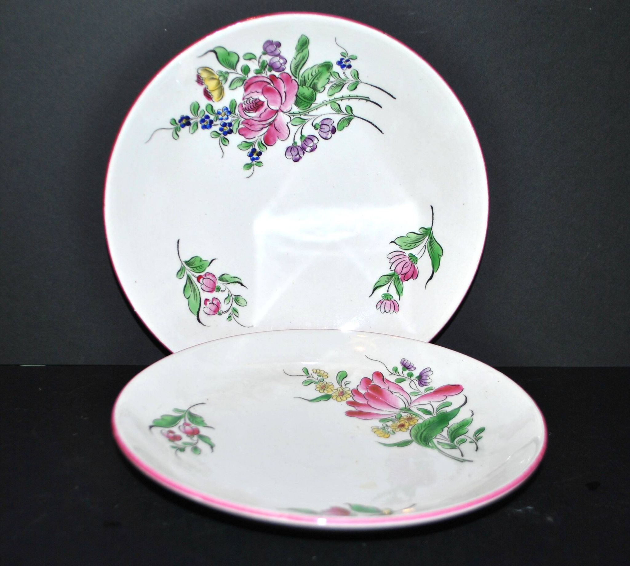 Set of 2 Lunéville earthenware lentil plates with floral decor, Street lamp 17cm