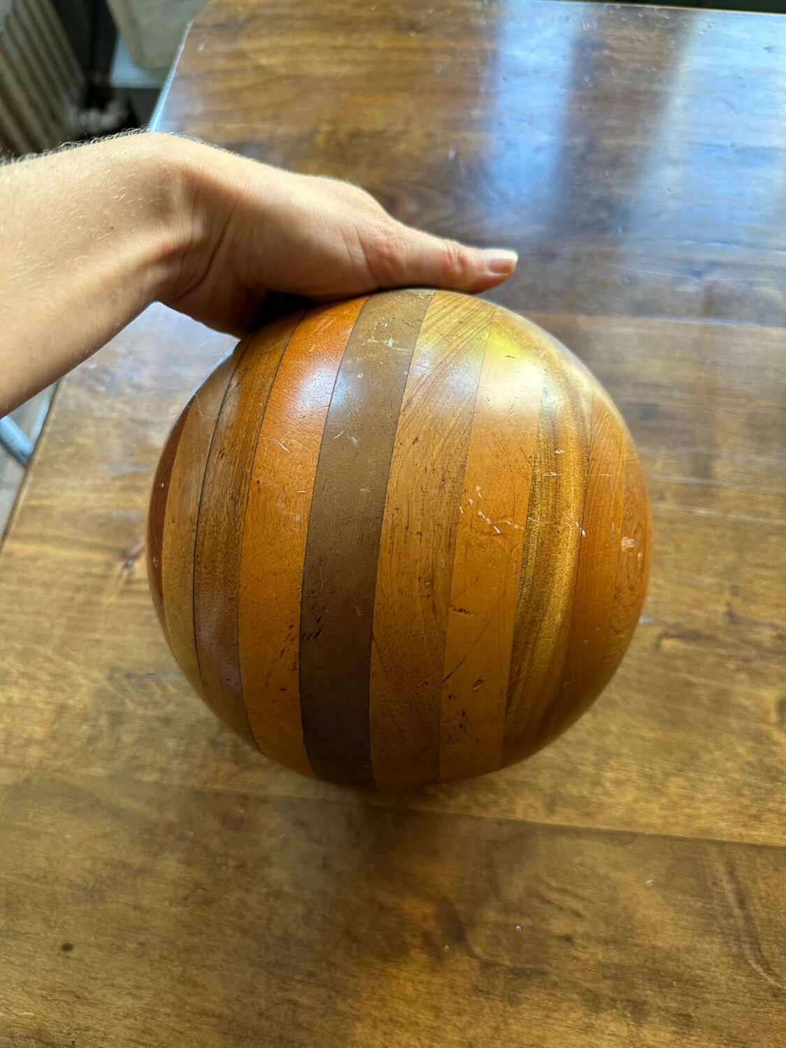 Large round wooden candle holder inlaid