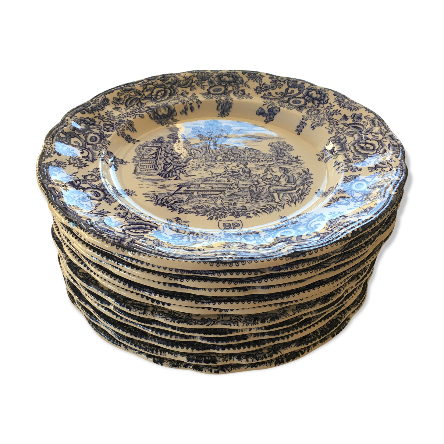 Set of 12 FLAT PLATES BP with blue country décor