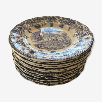 Set of 12 FLAT PLATES BP with blue country décor