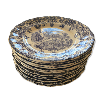 Set of 12 FLAT PLATES BP with blue country décor