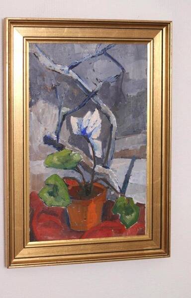 Original Swedish oil on canvas – “Winter Cyclamen” by Majken Bergvin (1922–2012) – 1965 – vintage & framed – 62 × 43 cm