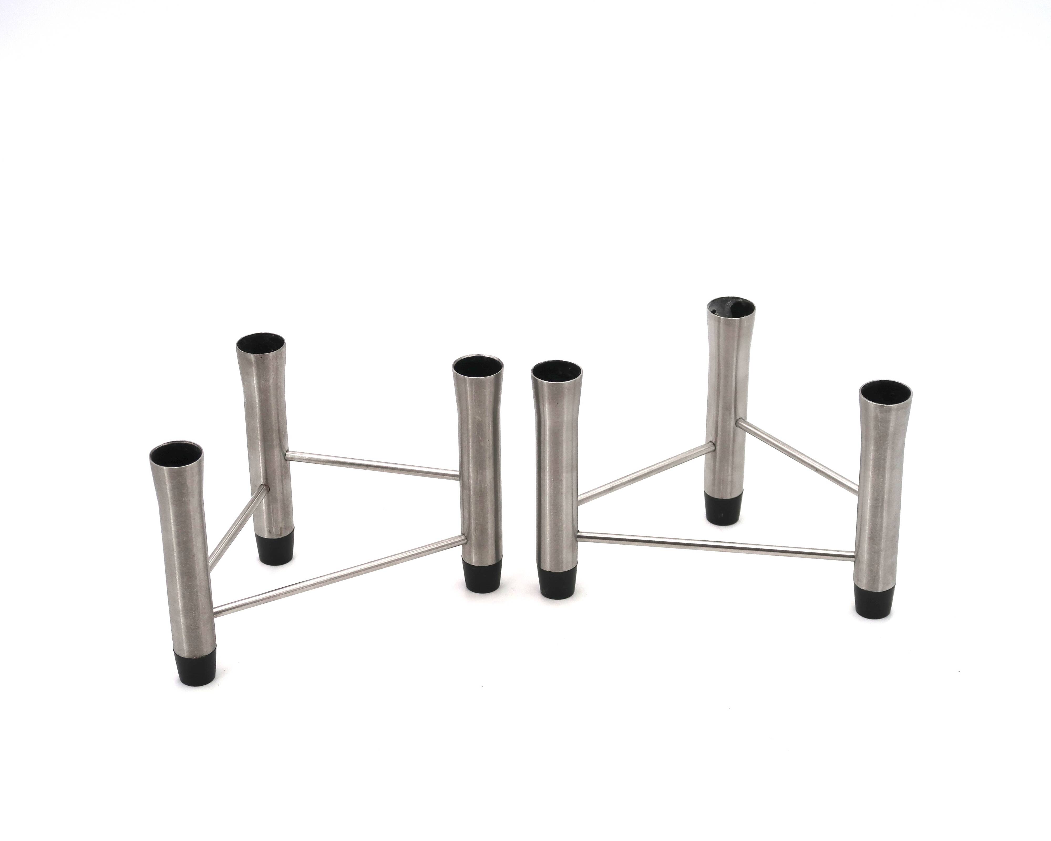 Pair of brushed steel tripod candlesticks, 1970s