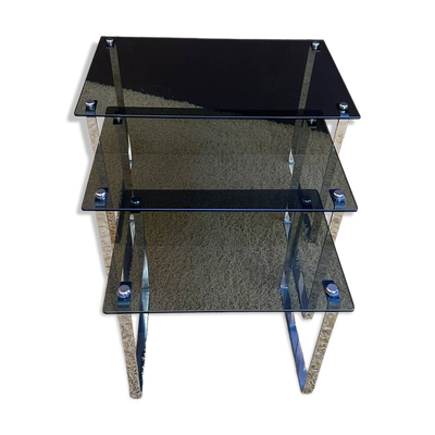 Ensemble 3 tables gigognes métal et verre fumé