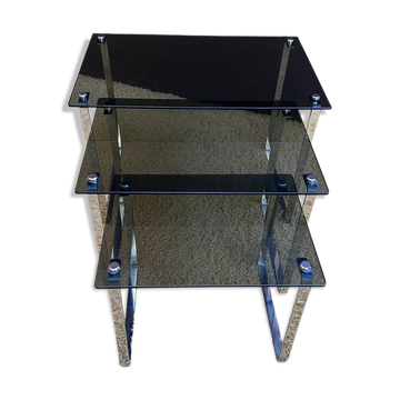 Set of 3 nesting tables in metal and smoked glass.