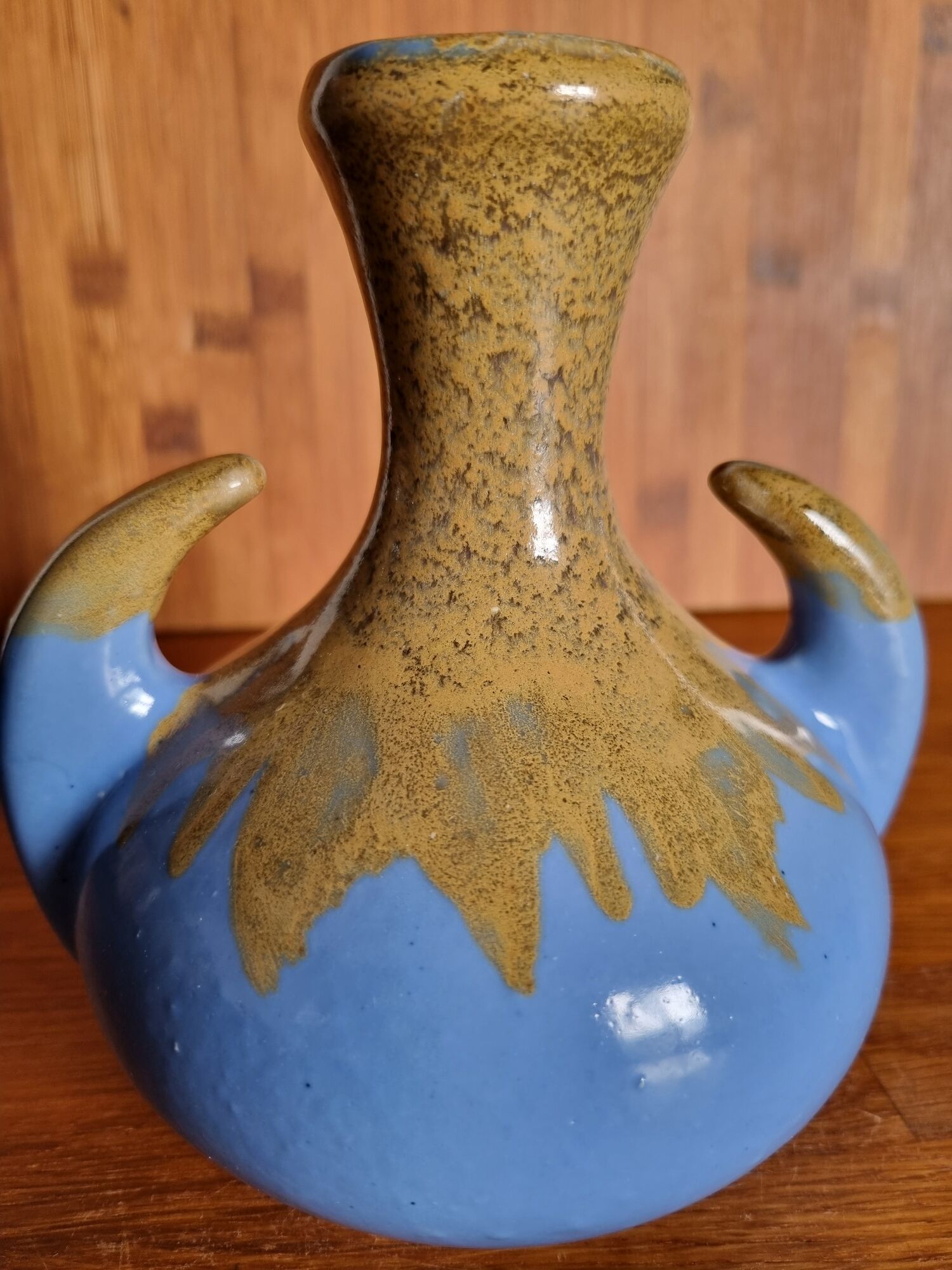 Vintage Alpho vase with beige flame blue ceramic handles