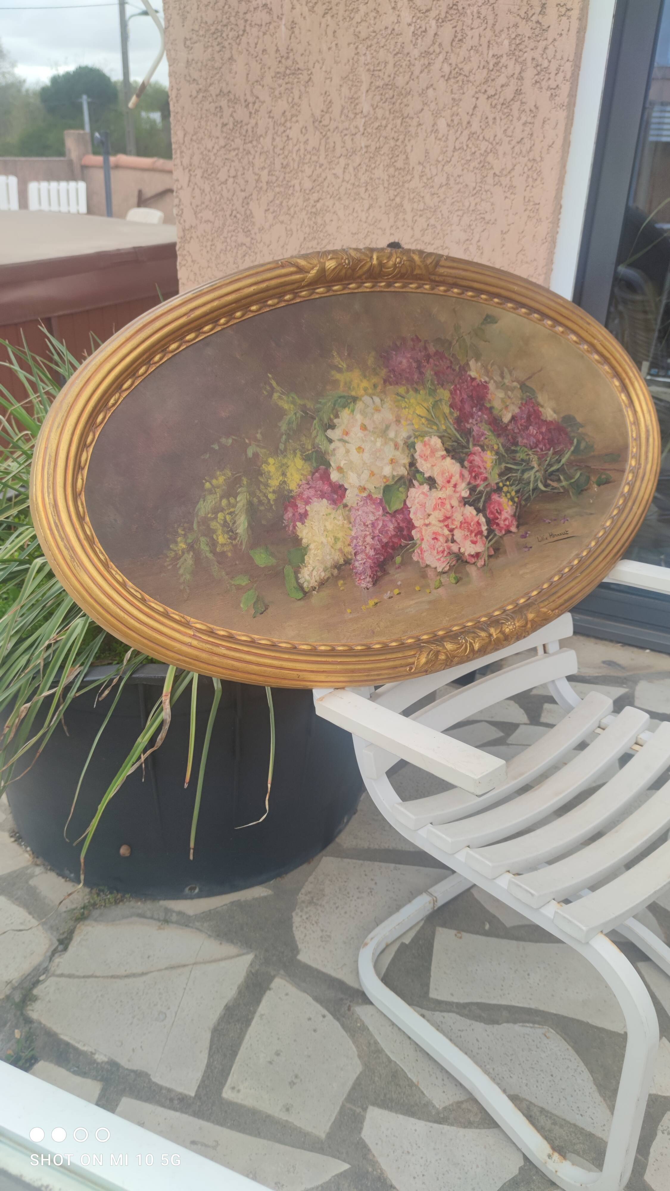 Elliptical table still life bouquet of flowers oil on wood by Lillie Honnorat