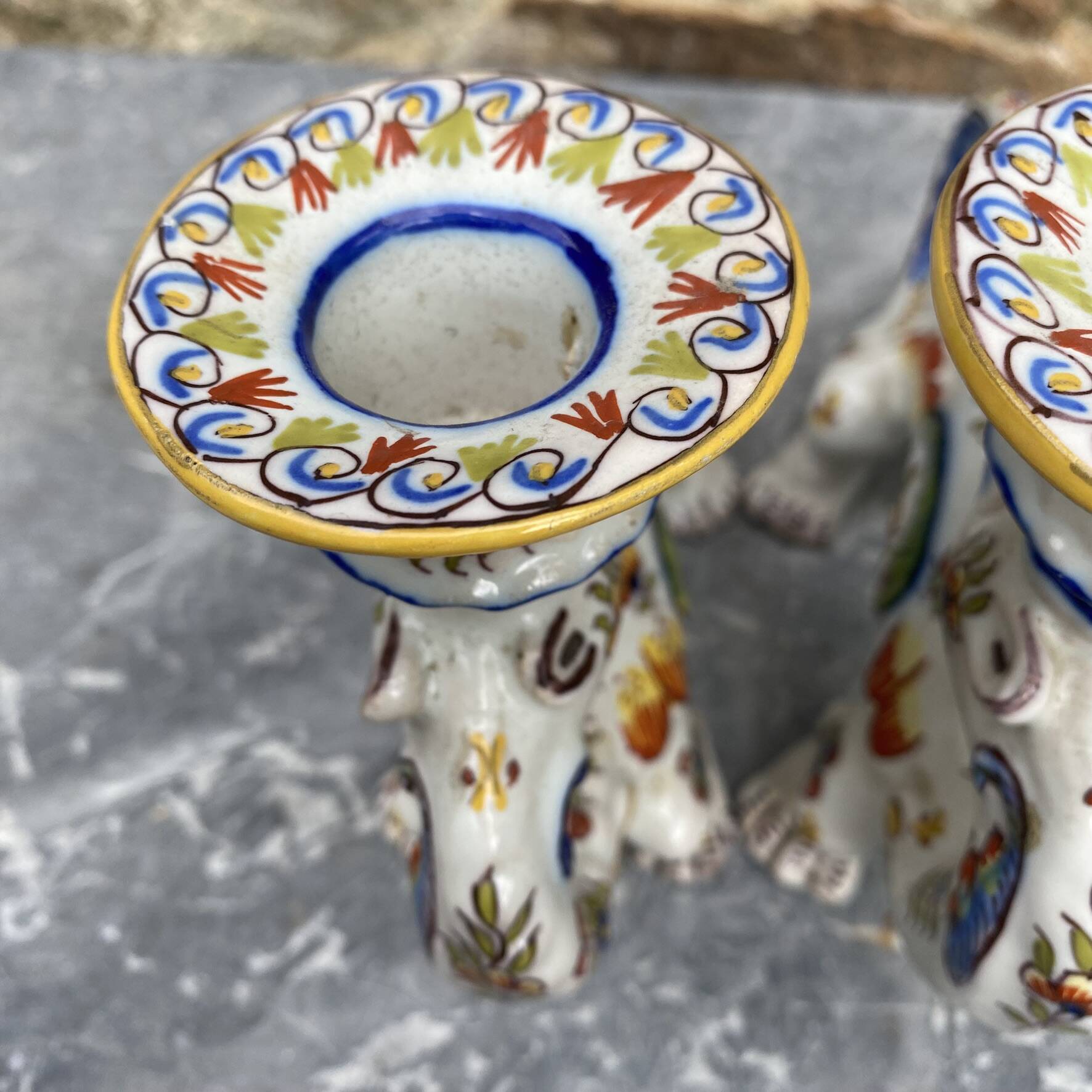 Pair of dragon candlesticks in Desvres earthenware, Rouen