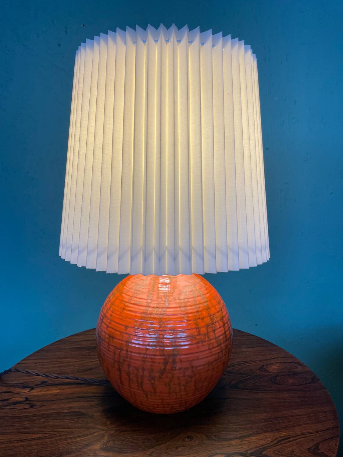 Art Deco HAK Herman Kähler Pottery Lamp, c.1930s Orange Globe with Brass Details
