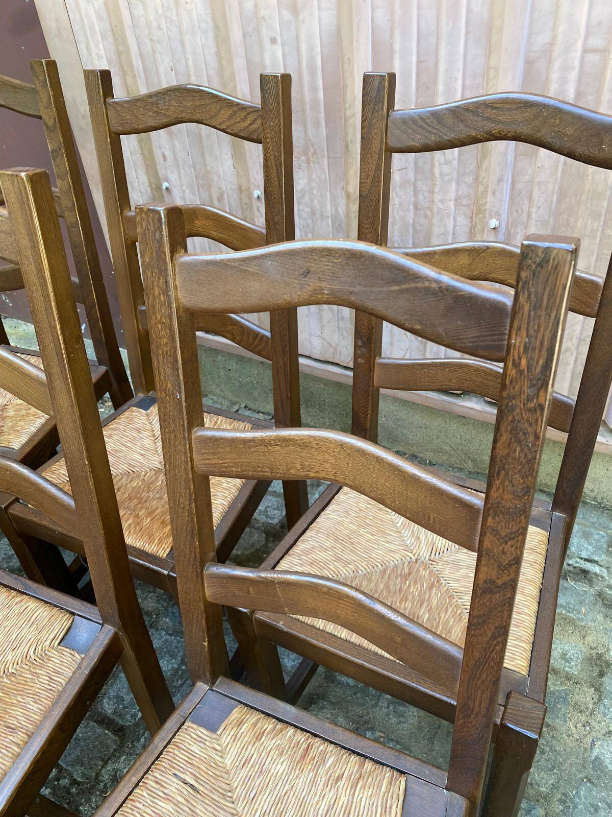 6 chaises à manger bois massif foncé paillées des années 70