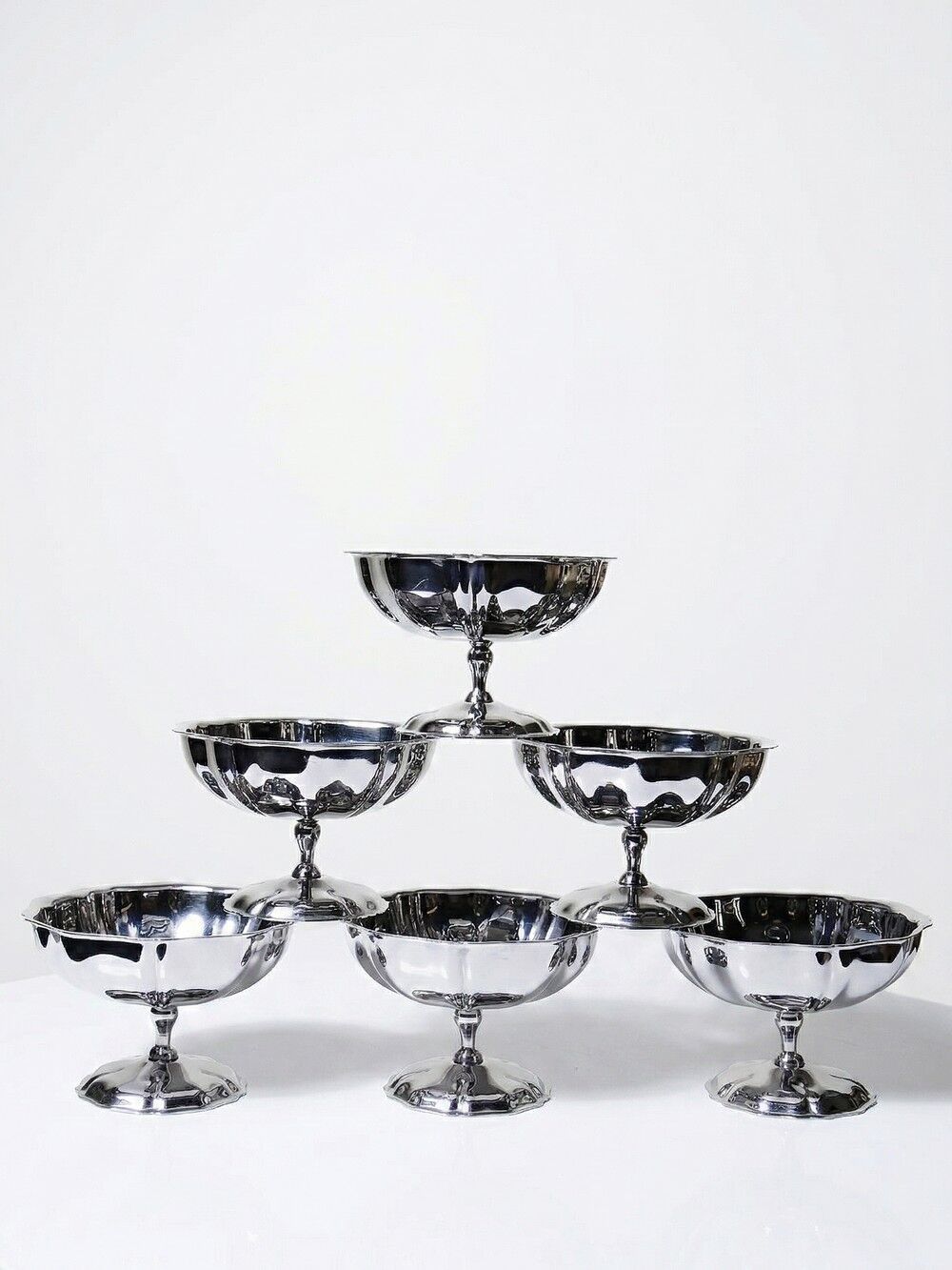 6 vintage bistro-style stainless steel dessert bowls on stands