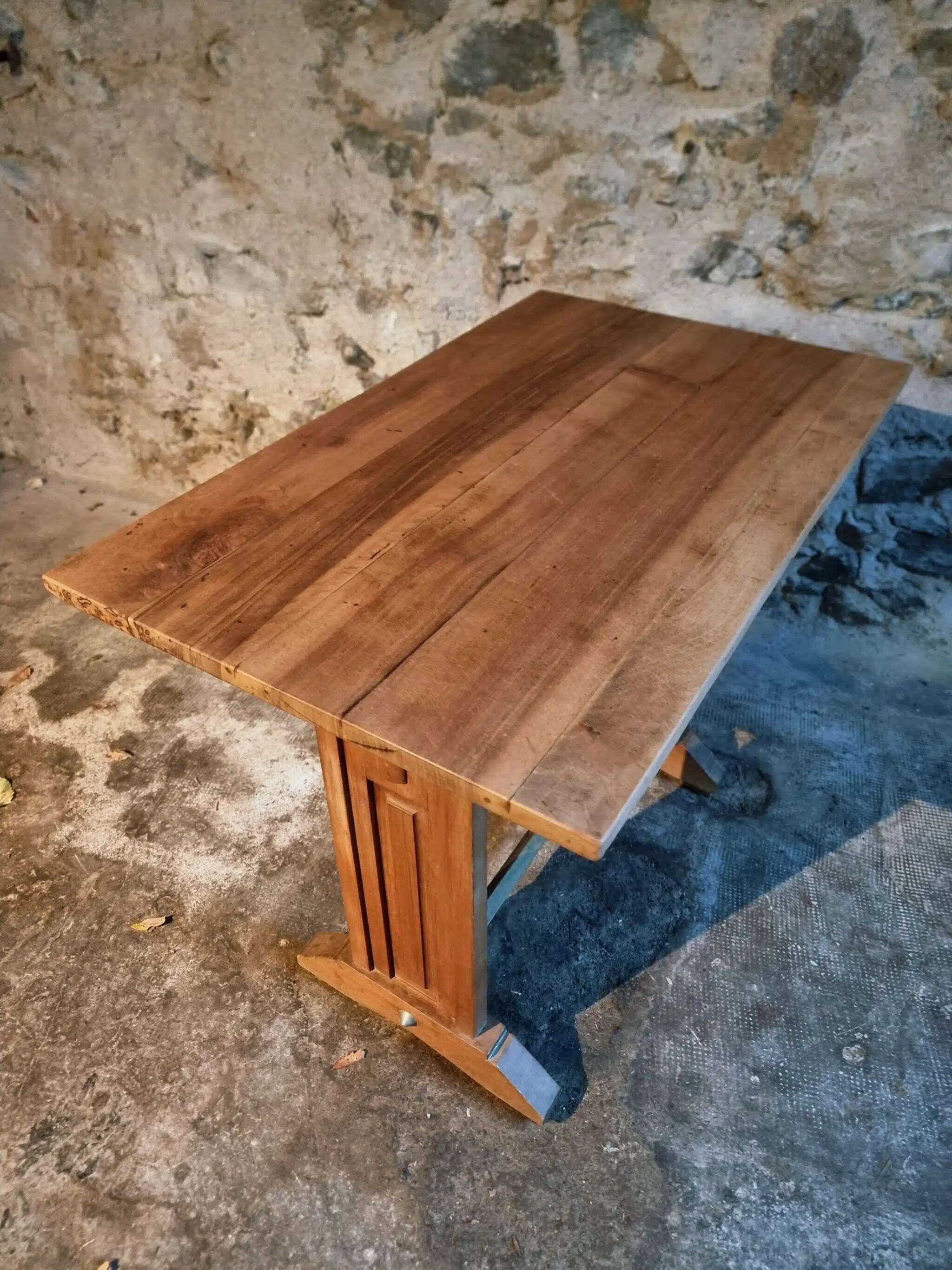 Vintage 1930s French bistro table – beech base, walnut top and nickel-plated stand