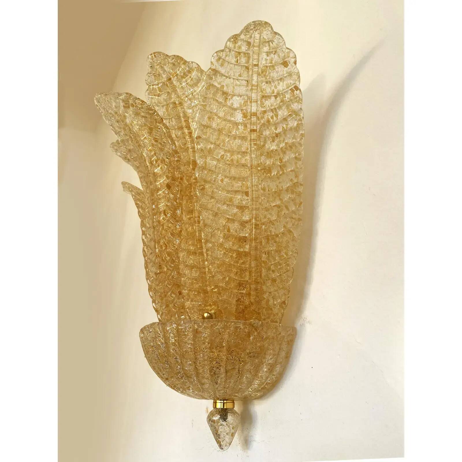 Set of Four Venetian Gold Graniglia “Leaf” Murano Glass Wall Sconcess