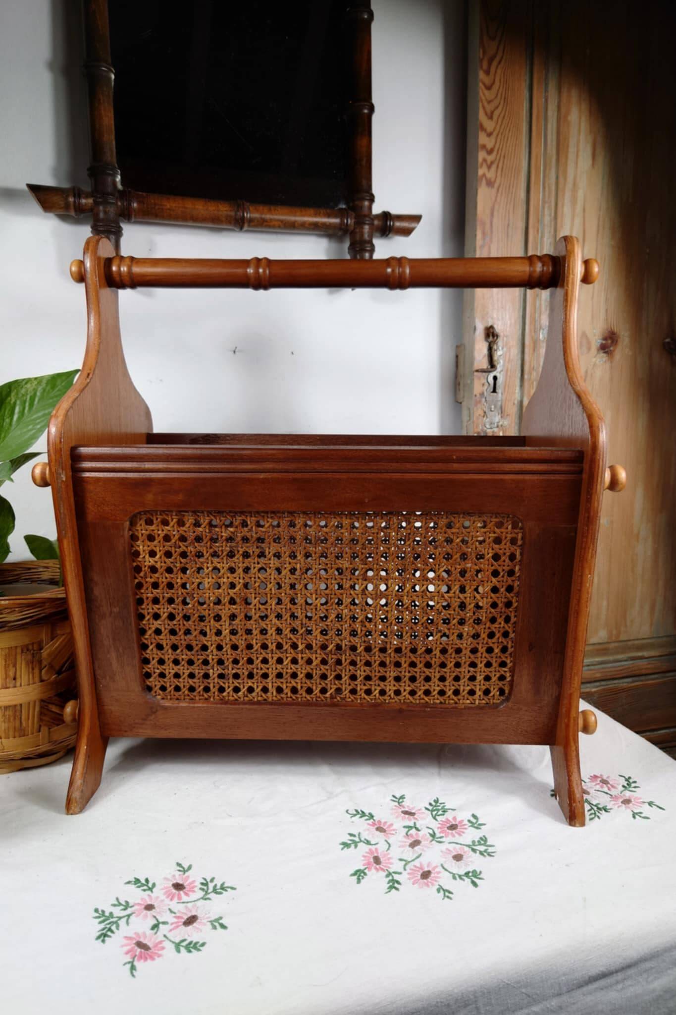 Antique wooden and cane magazine rack