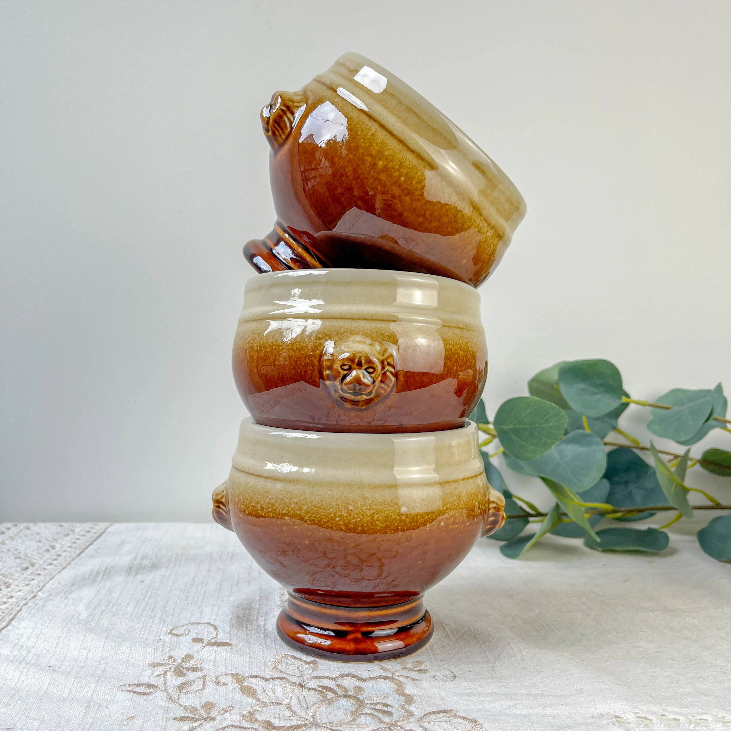 4 speckled two-tone lion head ceramic bowls – Émile Henry style – vintage stoneware made in France